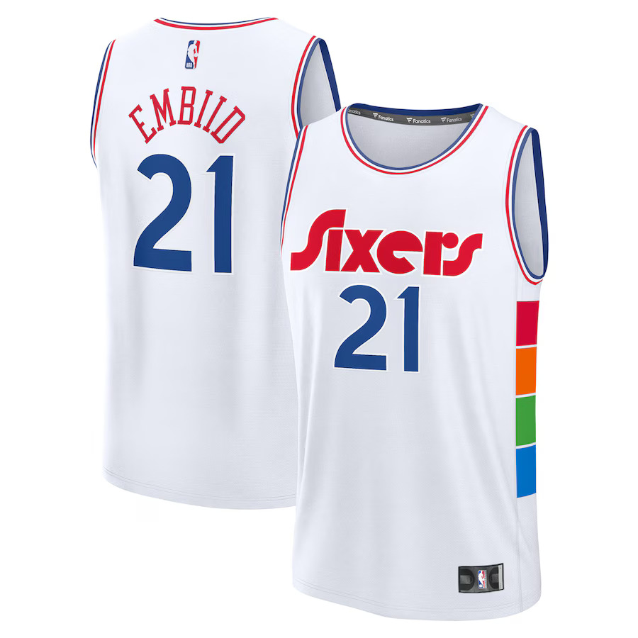 Men Philadelphia 76ers #21 Joel Embiid Fanatics White City Edition 2024-25 Fast Break Player NBA Jersey